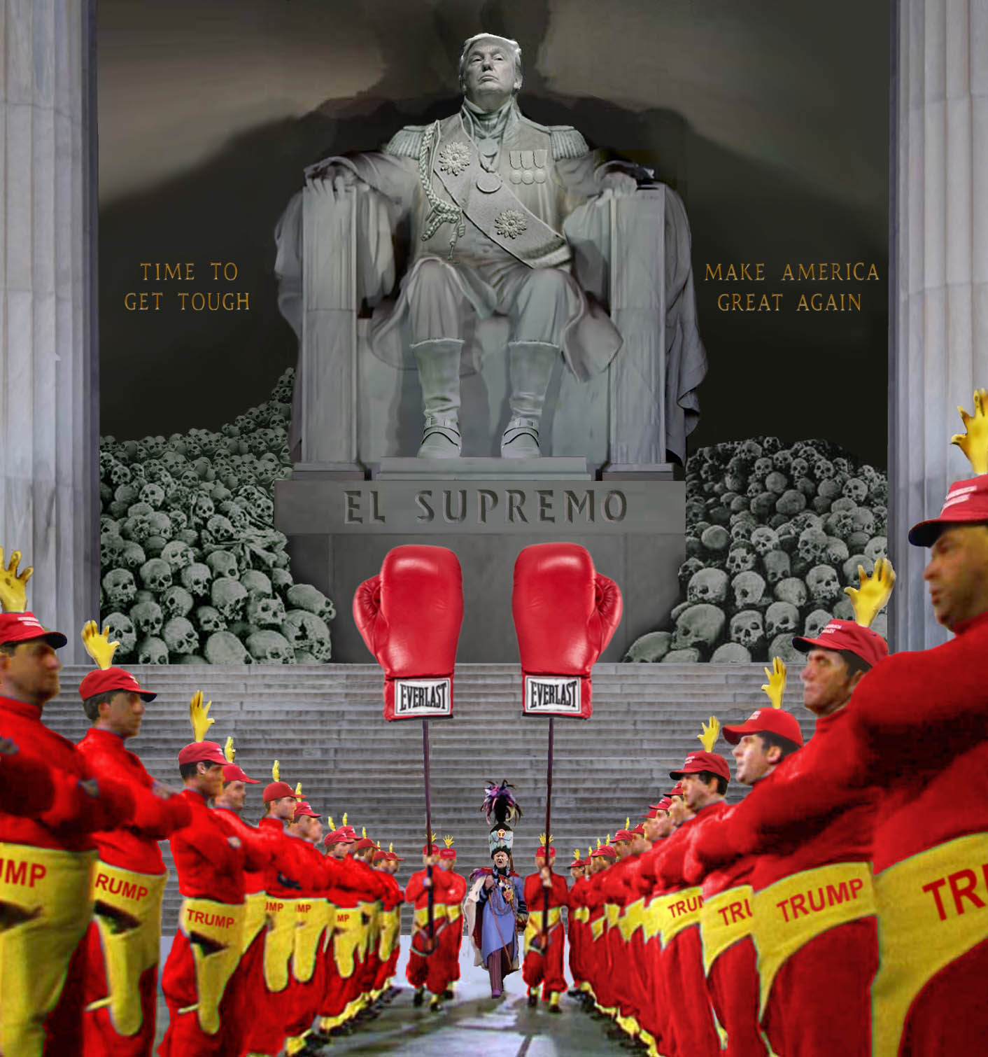 Donald Trump marching between two rows of his MAGA Guard in front of the Trump Temple in Washington, D.C.