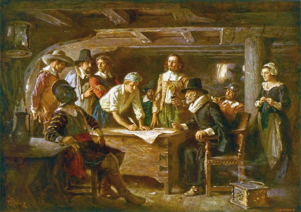 The signing of the Mayflower Compact in 1620